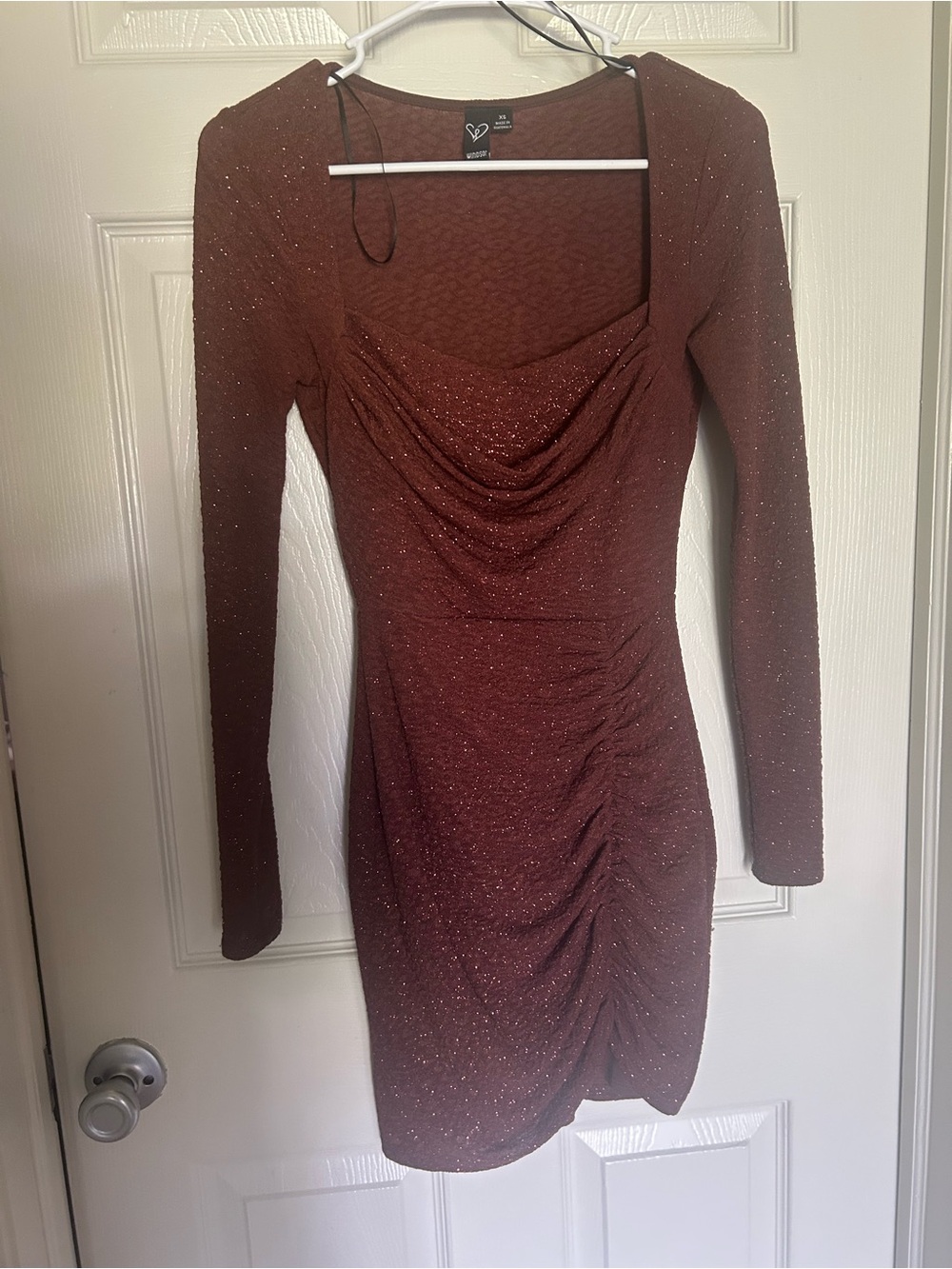Windsor Glittered Rust Long-Sleeve Ruched Mini Dress